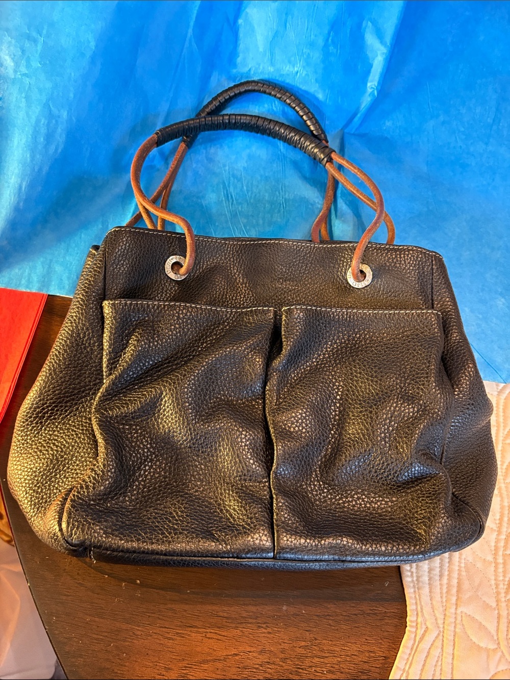 Daniella Ortiz Classic Black Pebbled Leather Tote with Contrast Brown Handles